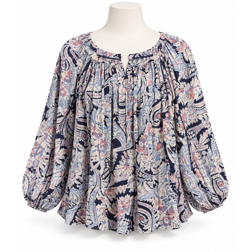 Chaps Womens 2X Paisley Blouse Blue Pink Cotton Blend Dolman Sleeve Boho Top